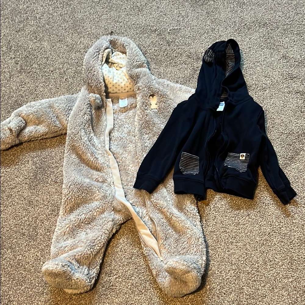 Carter’s 9m Cozy Grey Fleece Baby Bear Onesie and Navy 12m Hoodie